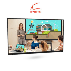 A front view of the Interactive Flat Panel 86-inch HT2 Series. The large touchscreen display is shown with a clean, sleek design. It is powered on and displaying educational content, demonstrating its vibrant colors and high-resolution capabilities. The touchscreen interface is active, with digital pen input in progress, highlighting its interactive features."